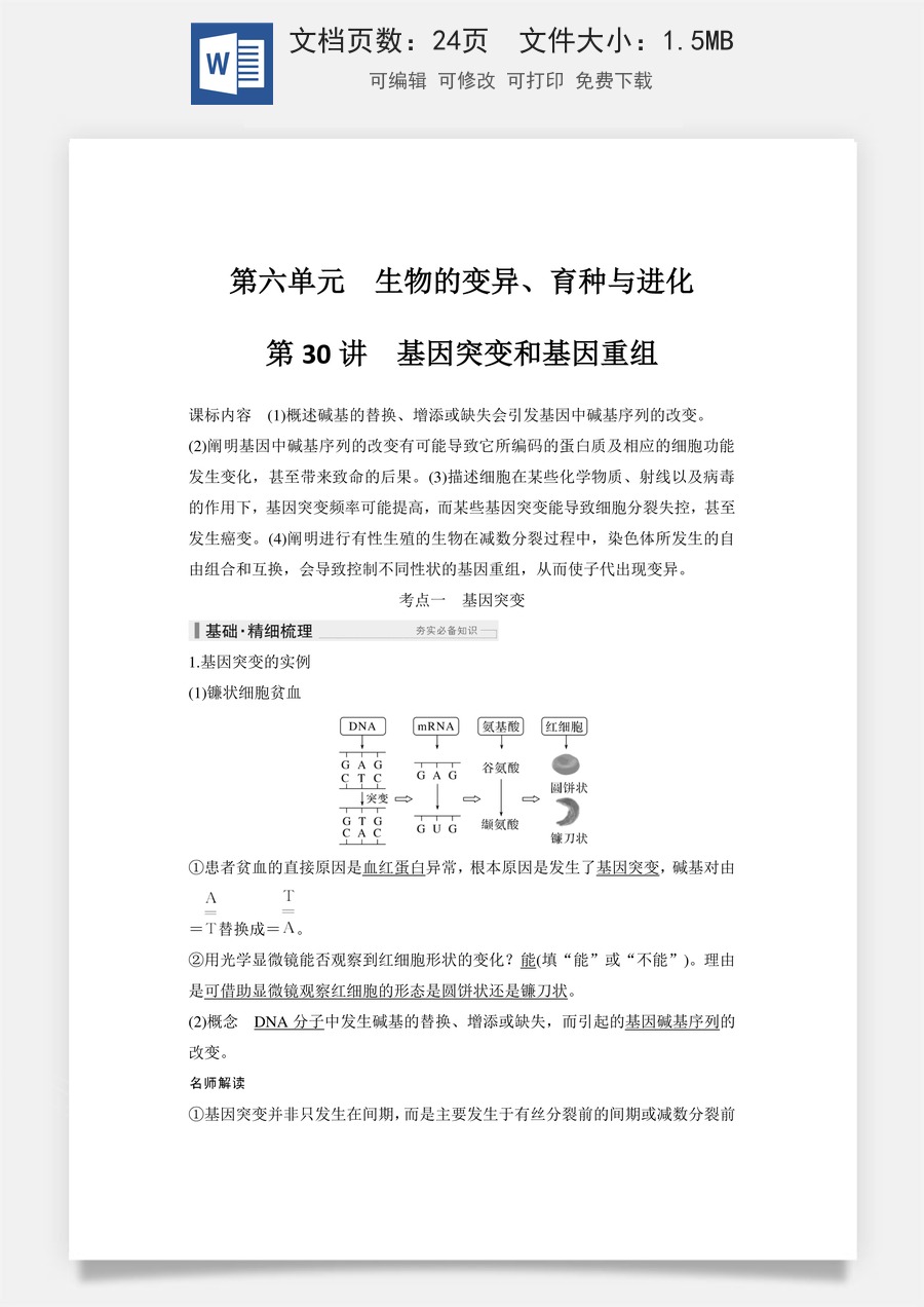 高中-高考总复习-生物-第30讲　基因突变和基因重组.doc